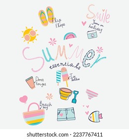 Set of summer doodle on white background vector design element
