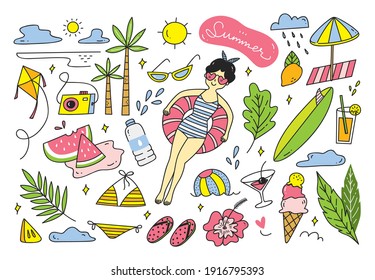 Set of summer doodle vector element on white background 