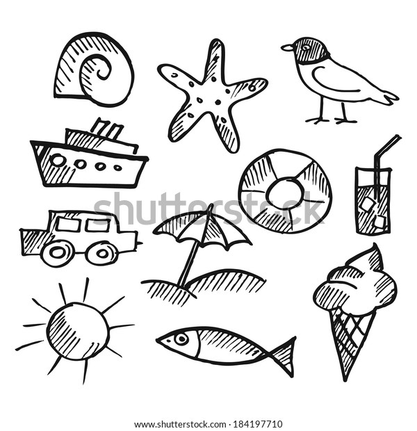 Set of summer doodles, black\
sketches isolated on white background, vector\
illustrations