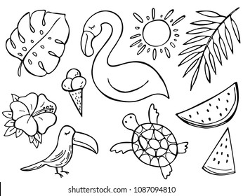 Set of summer doodles - flamingo, toucan, sea turtle, monstera leaf, ice cream, watermelon isolated on white. Vector illustration. Perfect for greeting card, postcard, print, coloring book.