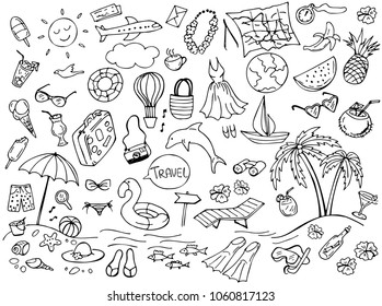 Set of summer doodles isolated on white. Travel and vacation emblems and symbols. Vector illustration. Perfect for greeting card, postcard, print, coloring book.