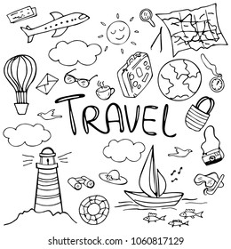 Set of summer doodles isolated on white. Travel and vacation emblems and symbols. Vector illustration. Perfect for greeting card, postcard, print, coloring book.