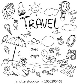 Set of summer doodles isolated on white. Travel and vacation emblems and symbols. Vector illustration. Perfect for greeting card, postcard, print, coloring book.