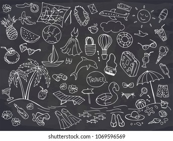Set of summer doodles isolated on chalkboard. Travel and vacation emblems and symbols. Vector illustration. Perfect for greeting card, postcard, print.