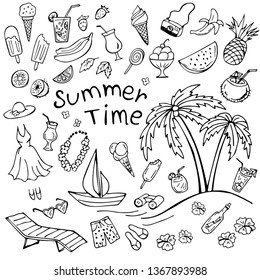 Set of summer doodles isolated on white. Tropical fruits, ice cream, cocktails, summer dress. Vector illustration. Perfect for greeting card, postcard, print, coloring book.