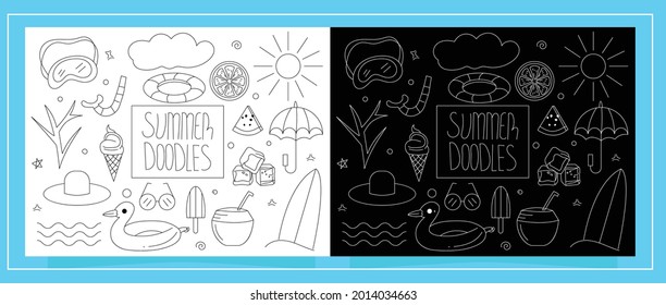 Set of Summer doodles isolated on white black background. Summer season icon set bundles