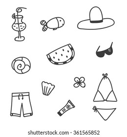 Set of summer doodles isolated on white background.