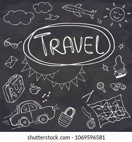 Set of summer doodles on chalkboard. Travel and vacation emblems and symbols. Vector illustration. Perfect for greeting card, postcard, print.