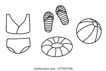 Juego de doodles de verano, natación y buceo, pelota, traje, sandalias, playa, vacaciones en el océano, viajes