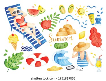 Set of summer doodles watercolor vector illustration