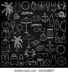 Set of Summer Drawing illustration Hand drawn doodle Sketch line vector on chalkboard