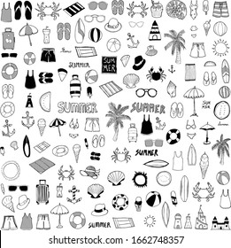 Set of Summer Drawing illustration Hand drawn doodle Sketch line vector