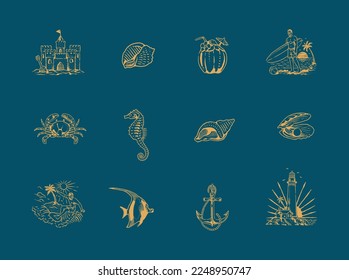 Set of Summer Drawing illustration Hand drawn doodle Sketch line vector. Hand drawn beach vector objects.
