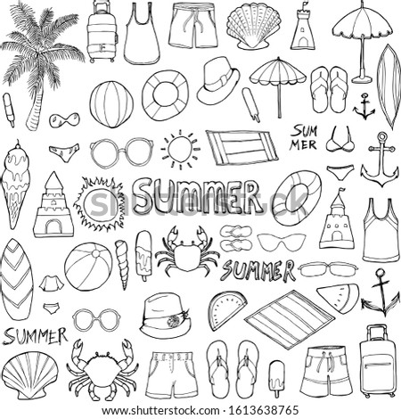 Set of Summer Drawing illustration Hand drawn doodle Sketch line vector