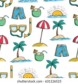 set summer drawing in seamless pattern using doodle art
