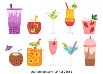 Set summer drinks. Bubble tea, ice coffee, strawberry mojito, martini, orange juice, sunrise tequila, coconut cocktail, blue lagoon and bloody mary. Cartoon flat vector illustration.