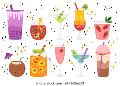 Set summer drinks. Bubble tea, ice coffee, strawberry mojito, martini, orange juice, sunrise tequila, coconut cocktail, blue lagoon and bloody mary. Cartoon flat vector illustration.