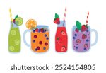 Set of summer drinks in cartoon style.Vector illustration of cocktails in glass jars, straws, fruits and berries: kiwi,strawberry,blueberry, cranberry,orange,mint leaves isolated on white background.