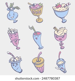 Set with summer drinks characters and ice cream in different glasses with emotions on them. Cold drink to go. Drink character vector illustration.