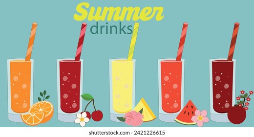 Set of summer drinks, cocktails with ice cubes and fruit. Beach or pool party, restaurant and bar elements. Bar menu design or advertising