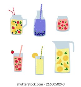 Set of summer drinks.  Fruit or berry beverages in glass, bottle or jug. Cartoon juice and lemonade. Isolated vector illustration. 