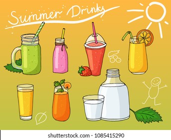 Set of summer drinks - fruit smoothies, orange juice, carrot juice, strawberry and fruit freshes, milk. Hand drawn vector illustration.