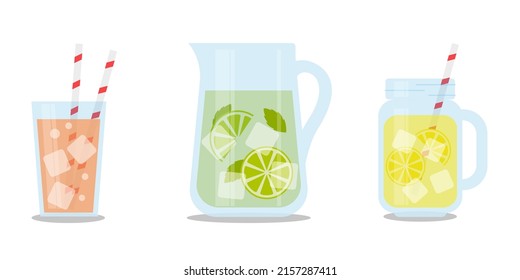 Set of summer drinks isolated on white background. Flat vector illustration