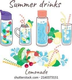 Set of summer drinks. Lemonade, Bottle, glass, ice, lemon. Hand drawn cute trendy vector illustartion. All elements are isolated