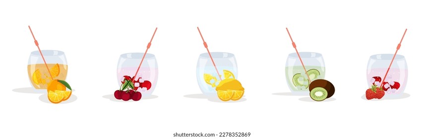 A set of summer drinks. Lemonade, strawberry, cherry, kiwi, orange. Vector illustration on an isolated white background. fresh fruit lemonade with ice.