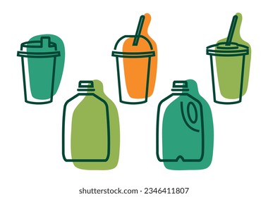 Set of summer drinks packaging in bright colors - green orange. Disposable takeaway cups and plastic gallons for juice. Beverage design, refreshing cocktail menu. Vector illustration isolated on white