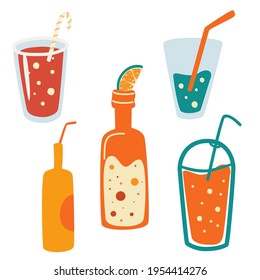 Set of summer drinks. Vector set of soft Drinks in Cans. Summer vacation and beach party. Trendy illustration. Vector cartoon All elements are isolated