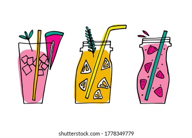 Set of summer drinks: watermelon juice, orange lemonade, strawberry shake. Fresh homemade cocktails hand drawn vector illustration. Outline sketch beverages for menu. poster and other decoration.