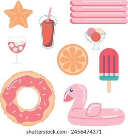 Set of summer element, beach accessories. Sunglasses, umbrella, banana, sunblock, cocktail, slippers, sun hat, swimsuit, flamingo, foto. Accessories for sea holidays. Cartoon flat illustration.