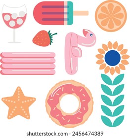 Set of summer element, beach accessories. Sunglasses, umbrella, banana, sunblock, cocktail, slippers, sun hat, swimsuit, flamingo, foto. Accessories for sea holidays. Cartoon flat illustration.