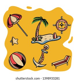 set of summer element, bundle design, hand drawing with vintage style