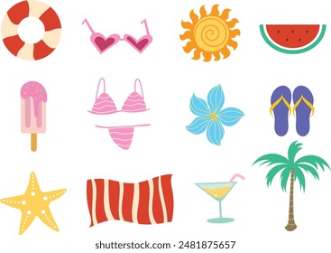 Set of summer element, essential, colorful to go to the beach	
