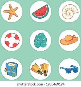 Set of summer element icons with vector flat design, starfish, watermelon, shell, lifebuoy, leaf, hat, sand bucket, flippers, sunglasses isolated on green background.