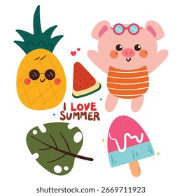 set of summer element sticker set with cartoon pig with summer food and leaf. cute summer drawing