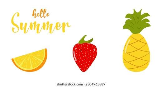 Set of summer elements, beach, summer accessory. Orange, pineapple, strawberry. Rest. Vector flat illustration.
