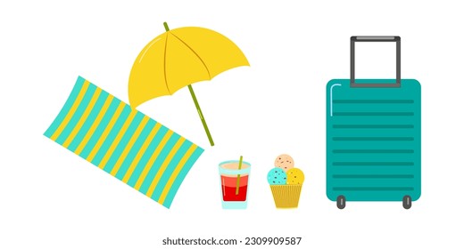 Conjunto de elementos de verano, playa, accesorio de verano. Paraguas de playa, toalla, maleta, helado, cóctel de frutas. Descansa. Ilustración plana vectorial.