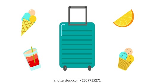 Set of summer elements, beach, summer accessory. Suitcase, ice cream, fruit cocktail, orange. Journey. Rest. Vector flat illustration.