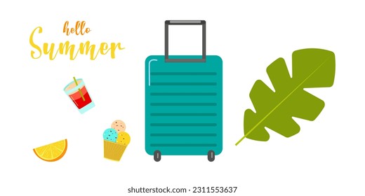 Set of summer elements, beach, summer accessory. Fruit cocktail, ice cream, orange, suitcase, palm leaf and text. Rest. Vector flat illustration.