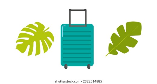 Set of summer elements, beach, summer accessory. Suitcase and palm leaves, travel. Rest. Vector flat illustration.