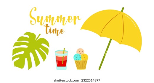 Set of summer elements, beach, summer accessory. Palm leaf, umbrella, ice cream, fruit cocktail. Rest. Vector flat illustration.