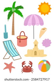 Set of summer elements, beach elements cartoon collection, beach, things on the beac, objects found on the beach