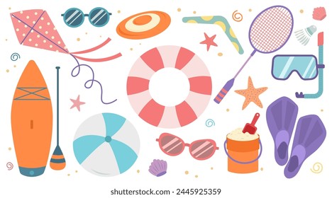 Set of summer elements for beach games, leisure, active recreation in flat style on white background