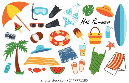 Set with Summer elements for beach holidays, relaxing by the pool, cocktails and a folding chair. Vector colorful illustration, for prints, stickers, icons. Summer vibe concept