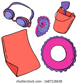 set of summer elements. Beach mat, baby bucket with a spatula, diving goggles, lifebuoy, shell. Cartoon style illustration.  White background, isolate.	