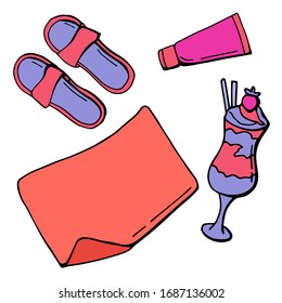 set of summer elements. Beach Slippers, sunscreen, a refreshing cocktail. Cartoon style illustration.
White background, isolate.	