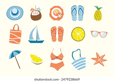 Set of summer elements. Beachwear, swimsuit, hat, flip-flops, sunglasses, umbrella, ship, tropical fruits